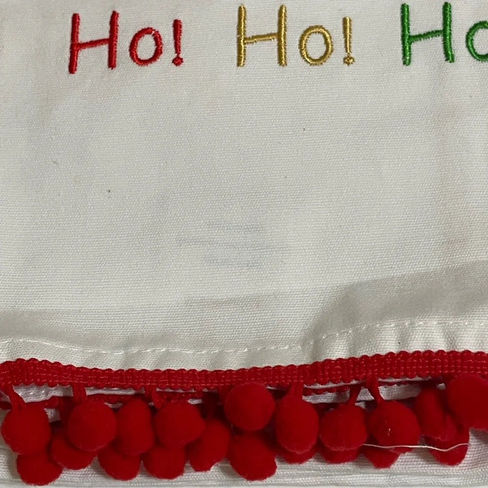 White Holiday Guest Towel Embroidered Reindeer HO HO HO Red Pom Pom Trim